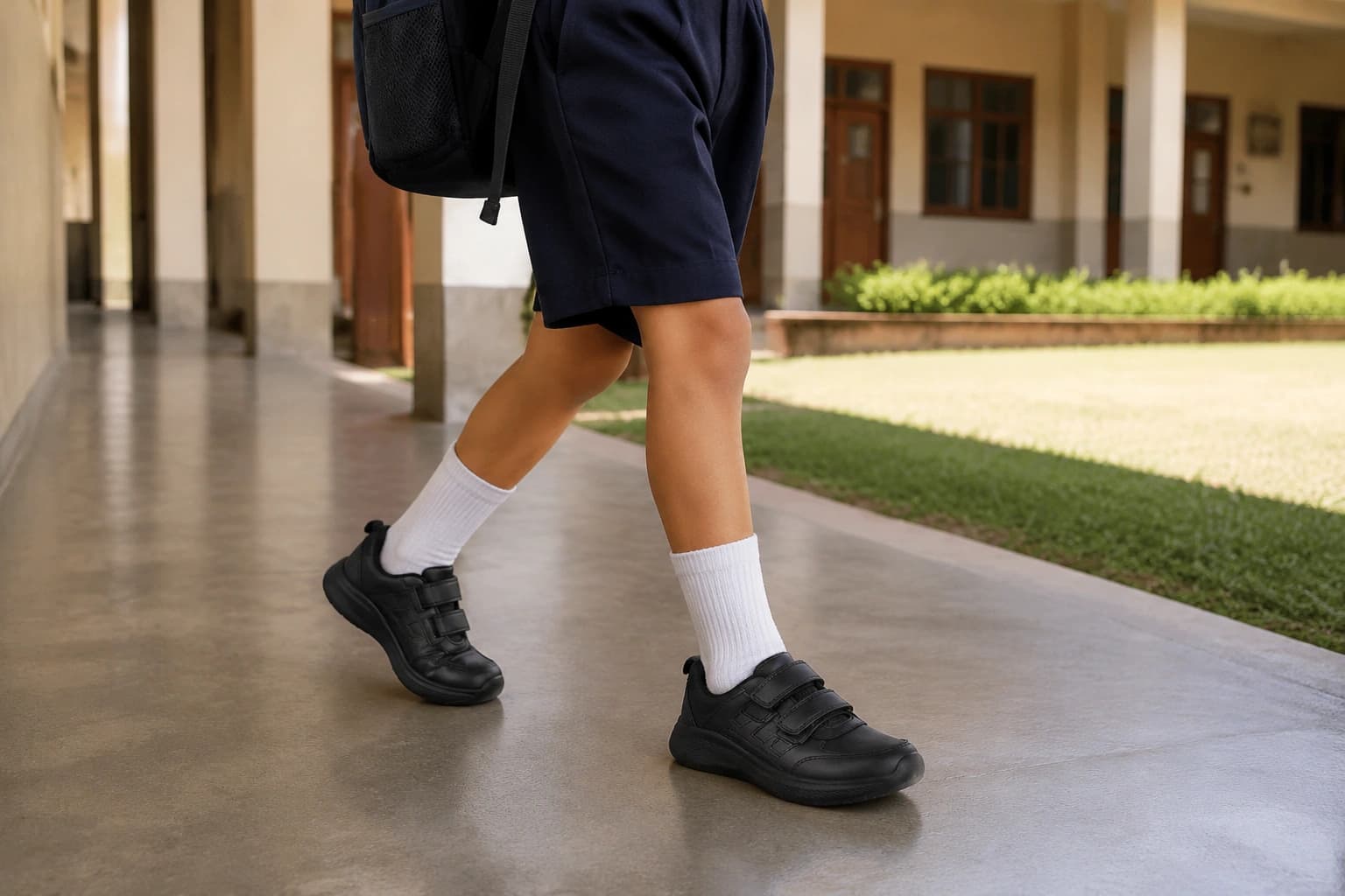 Child trying lakhani school shoes at-home fit-check scene highlighting the easy Velcro fastening before school.
