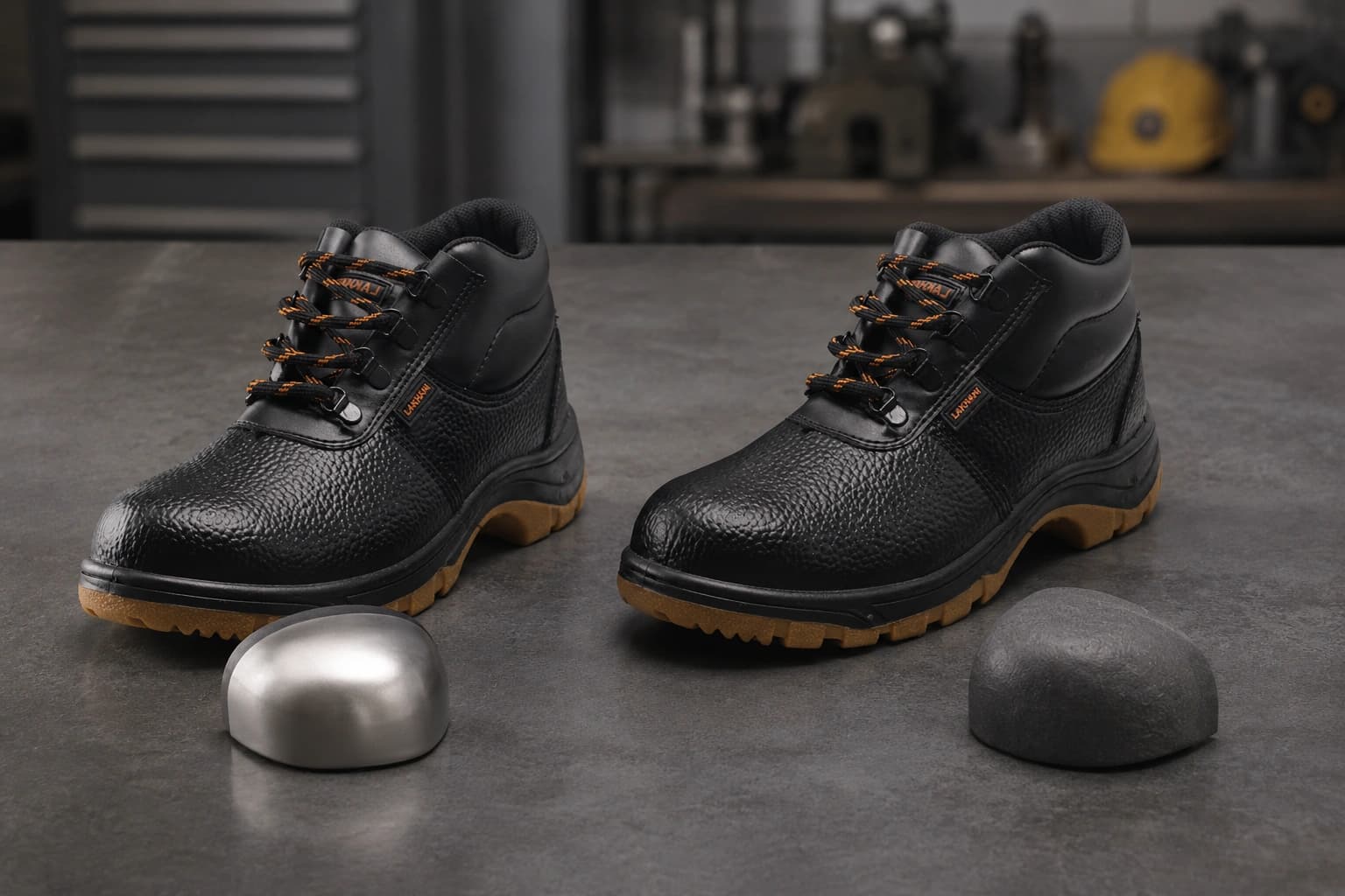 Men comparing steel toe and composite shoes