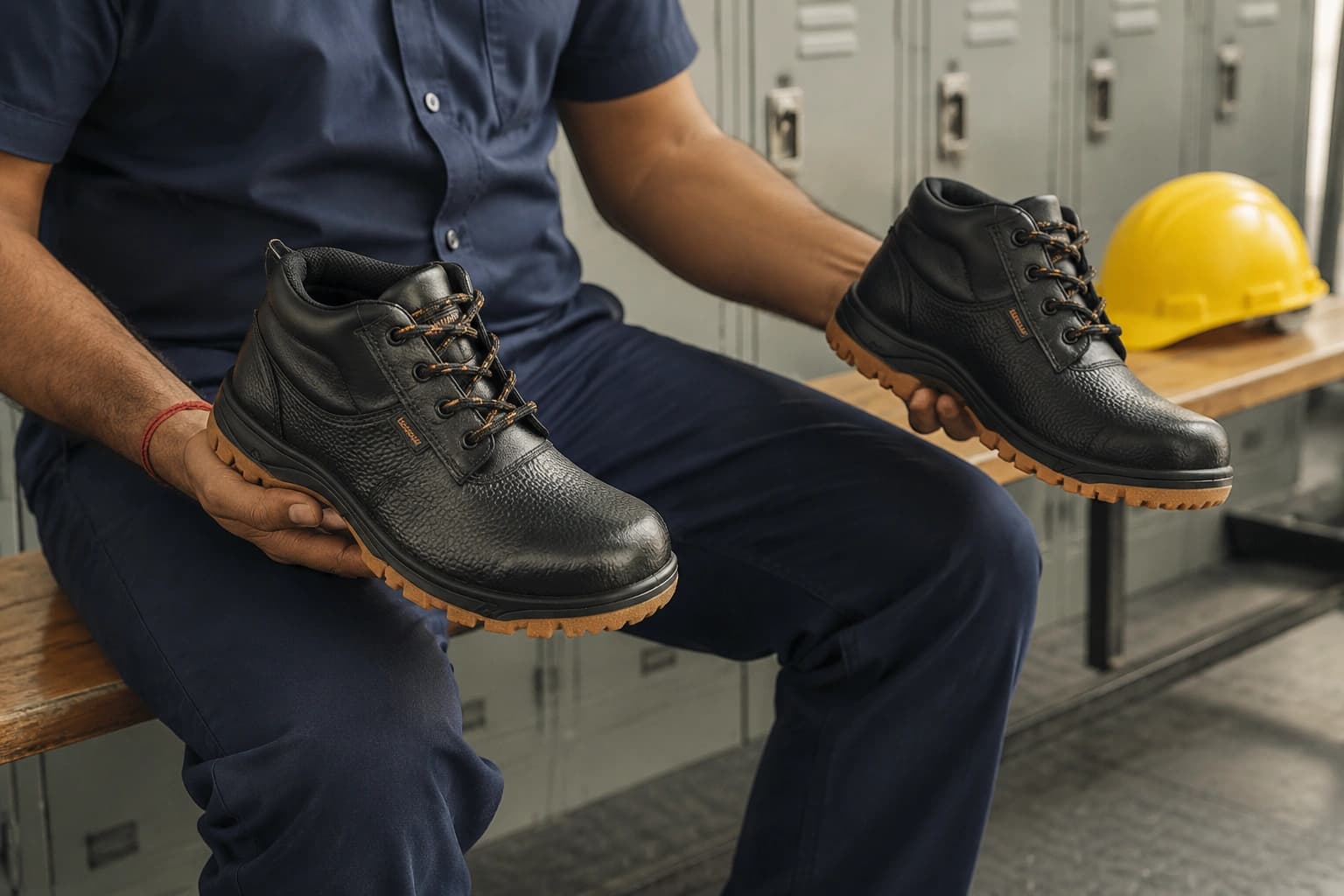 Men comparing steel toe and composite shoes